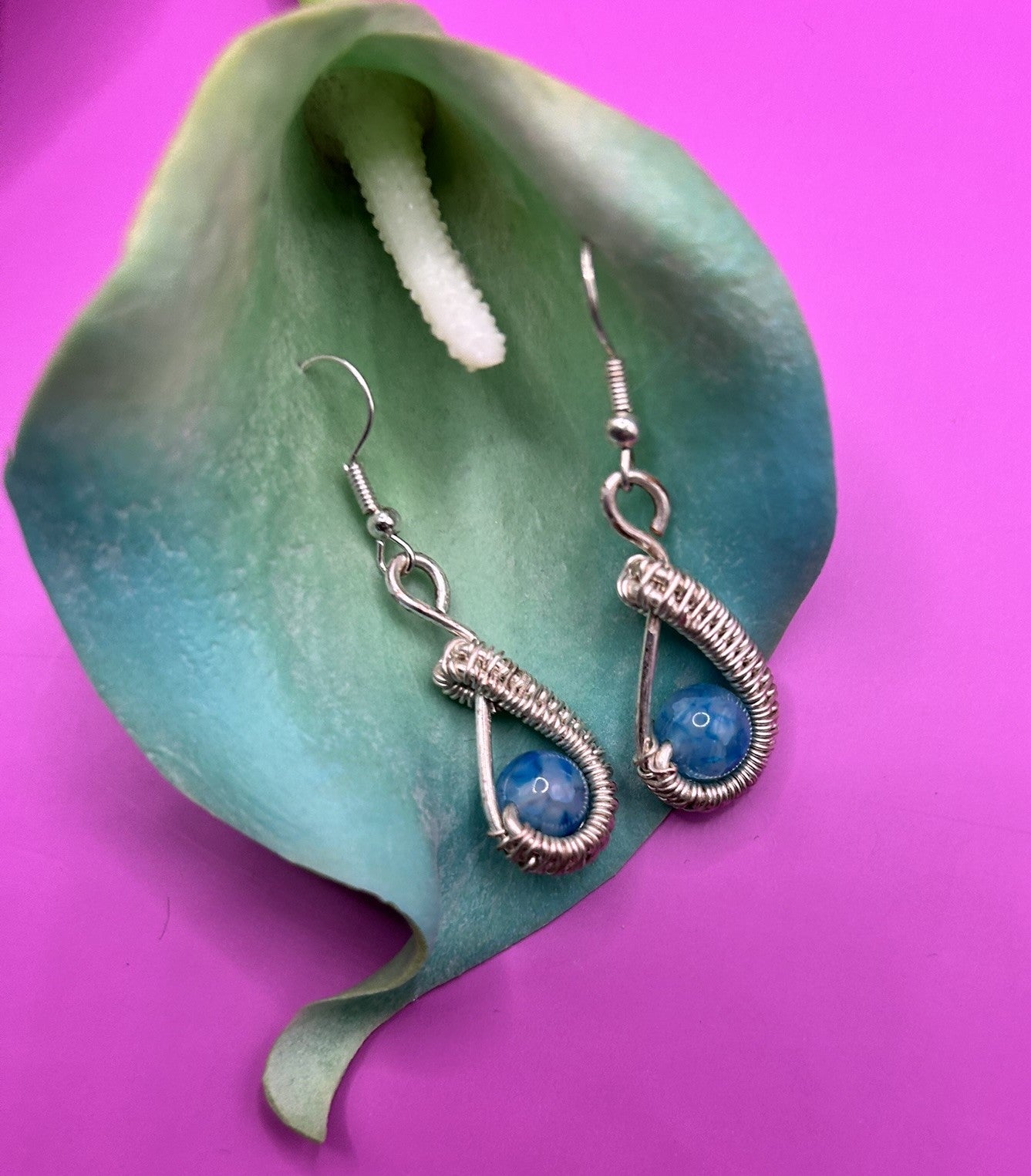 Silver and blue drop earrings